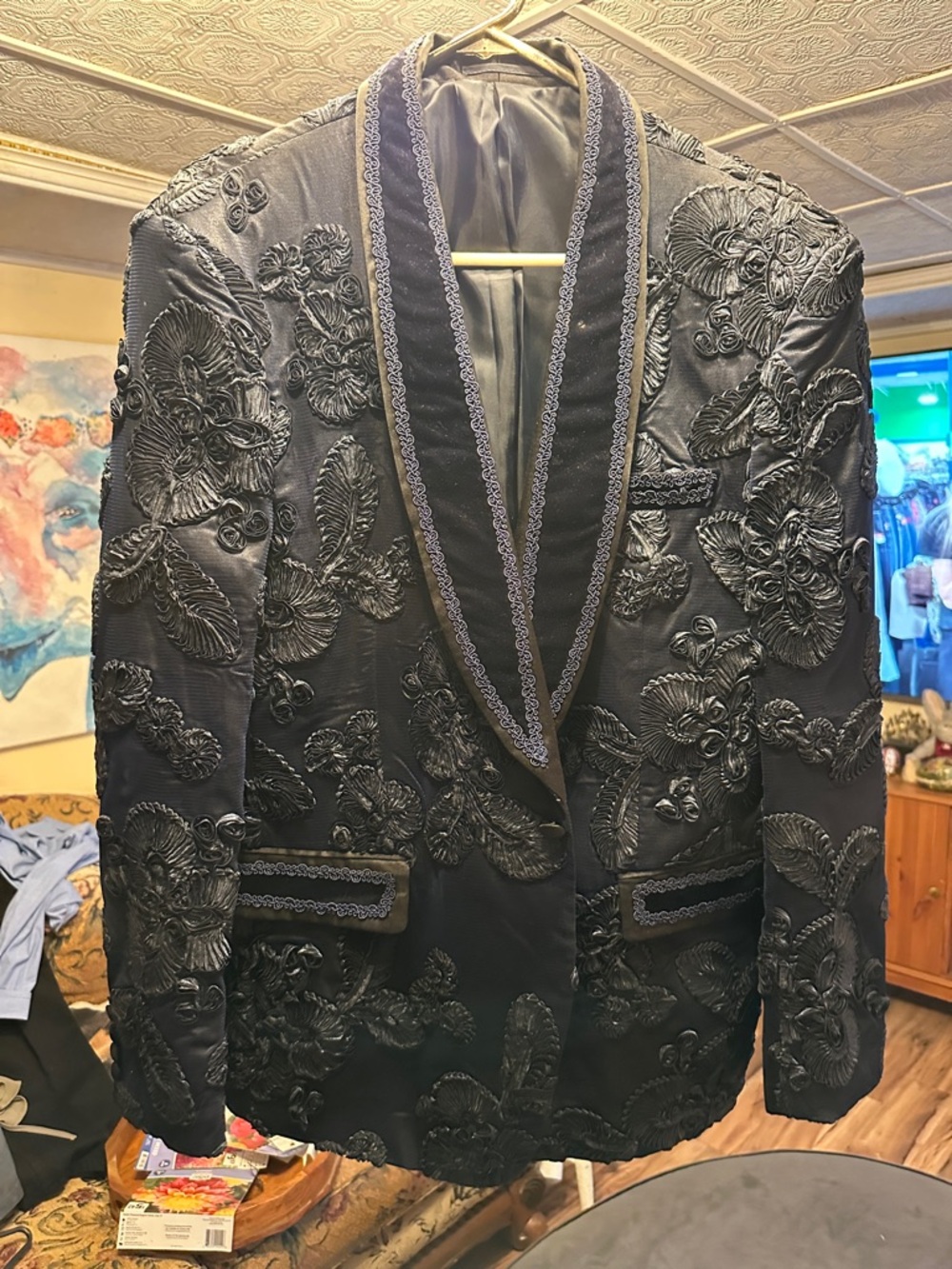 The Tailored Sportsman Black Embroidered Shawl Lapel Blazer